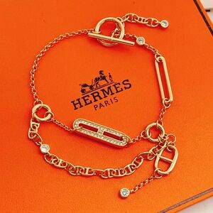 Hermes Gold Chain Bracelet with Diamond Accents